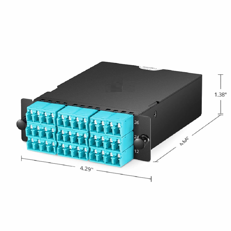SFPS FHDA MTP®-LC Cassette, OM4 Multimode, Type A, 36 Fibers, 3 x MTP®-12 (Male) to 18 x Shuttered LC Duplex (Aqua), 0.35dB Max.