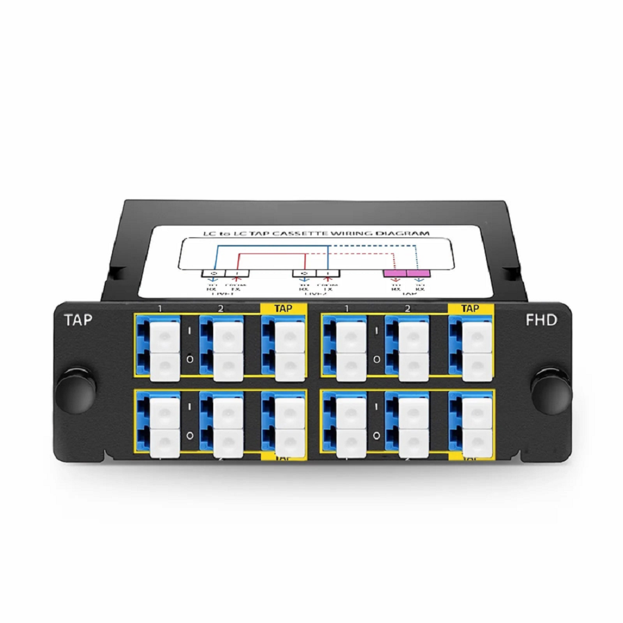 SFPS FHDA LC TAP Cassette, OS2 Single Mode, 8 x LC Duplex Live Ports, 4 x LC Duplex TAP Ports, 70/30 Split Ratio (Live/TAP), 1/10/40/100G