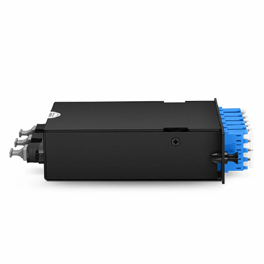 SFPS FHDA MTP®-LC Cassette, OS2 Single Mode, Universal, 24 Fibers, 3 x MTP®-8 (Male) to 6 x LC Quad (Blue), 0.35dB Max.