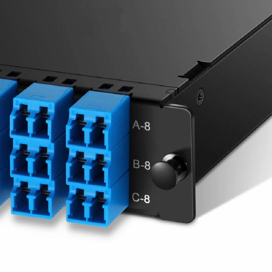 SFPS FHDA MTP®-LC Cassette, OS2 Single Mode, Universal, 24 Fibers, 3 x MTP®-8 (Male) to 12 x Shuttered LC Duplex (Blue), 0.35dB Max.