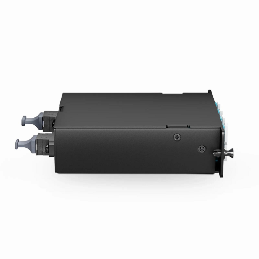 SFPS FHDA MTP®-LC Cassette, OM4 Multimode, Universal, 16 Fibers, 2 x MTP®-8 (Male) to 8 x LC Duplex (Aqua), 0.35dB Max.