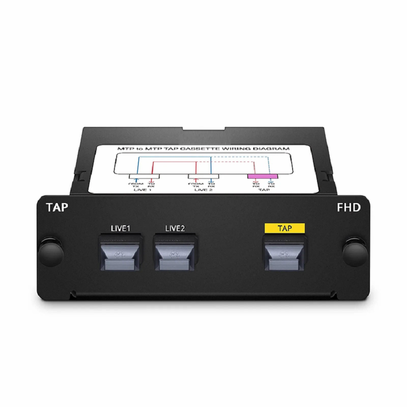 SFPS FHDA MTP® TAP Cassette, OS2 Single Mode, 2 x MTP®-12 Male Live Ports, MTP®-12 Male TAP Port, 50/50 Split Ratio (Live/TAP), 40/100G