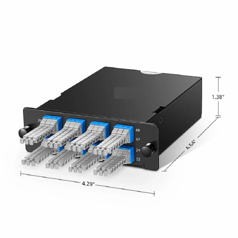 SFPS FHDA MTP®-MDC Cassette, OS2 Single Mode, Type A, 48 Fibers, 4 x MTP®-12 (Male) to 8 x MDC 3-Port Duplex (Blue), 0.35dB Max.