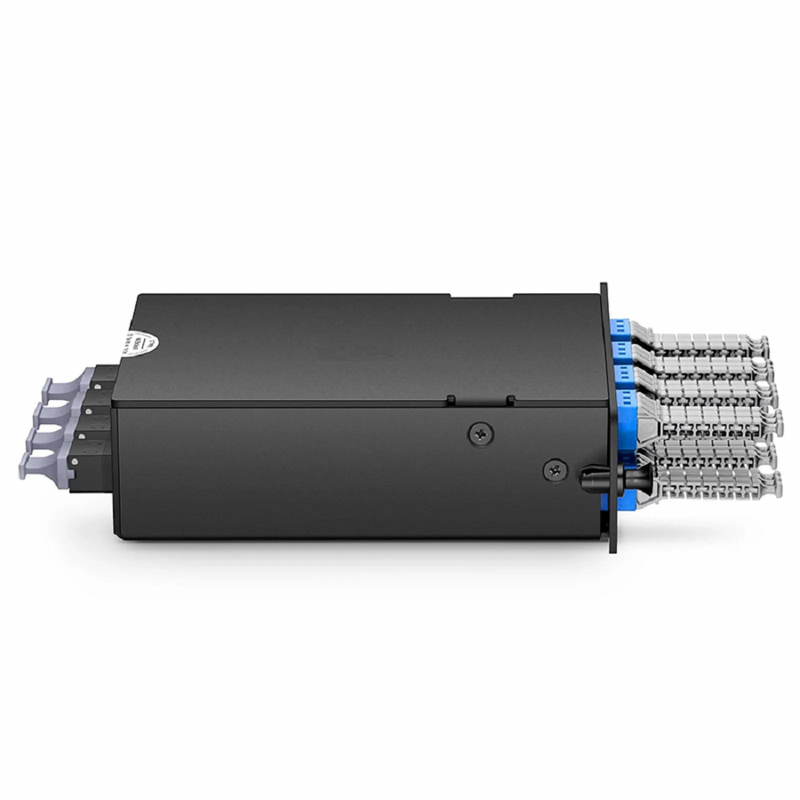 SFPS FHDA MTP®-MDC Cassette, OS2 Single Mode, Type A, 48 Fibers, 4 x MTP®-12 (Male) to 8 x MDC 3-Port Duplex (Blue), 0.35dB Max.