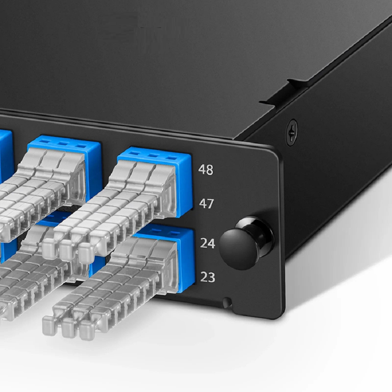 SFPS FHDA MTP®-MDC Cassette, OS2 Single Mode, Type A, 48 Fibers, 4 x MTP®-12 (Male) to 8 x MDC 3-Port Duplex (Blue), 0.35dB Max.