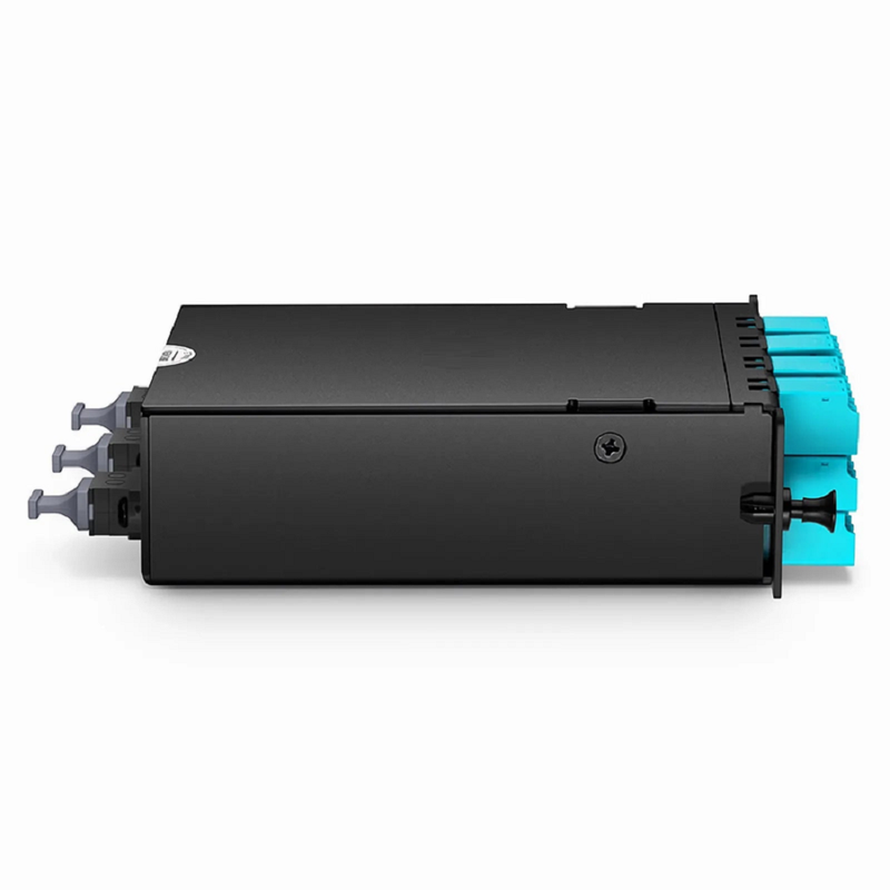 SFPS FHDA MTP®-LC Cassette, OM4 Multimode, Universal, 24 Fibers, 3 x MTP®-8 (Male) to 12 x Shuttered LC Duplex (Aqua), 0.35dB Max.