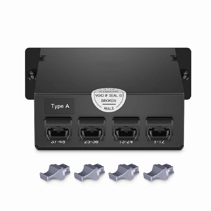 SFPS FHDA MTP®-LC Cassette, OM4 Multimode, Universal, 24 Fibers, 3 x MTP®-8 (Male) to 12 x Shuttered LC Duplex (Aqua), 0.35dB Max.