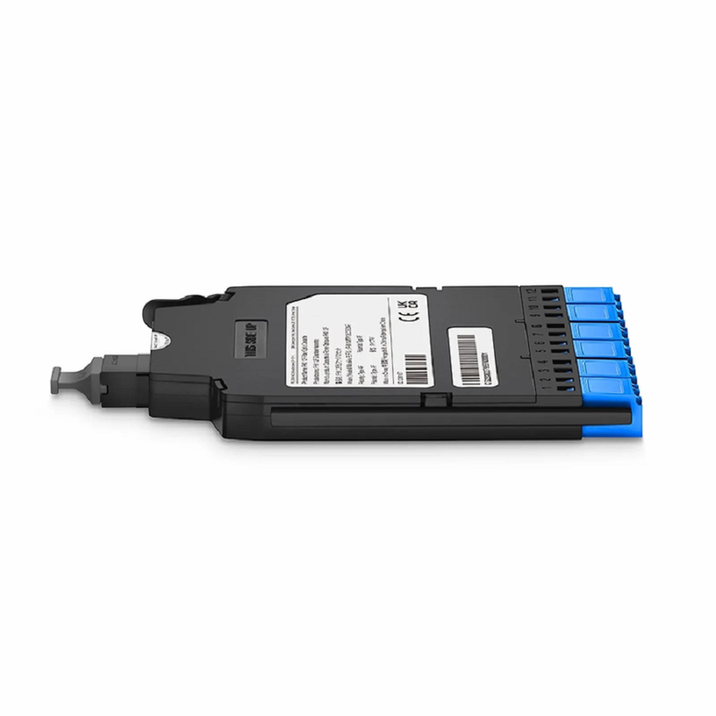 SFPS FHXA MTP®-LC Cassette, OM4 Multimode, Type AF, 12 Fibers, MTP®-12 (Male) to 6 x Shuttered LC Duplex (Aqua), 0.35dB Max.