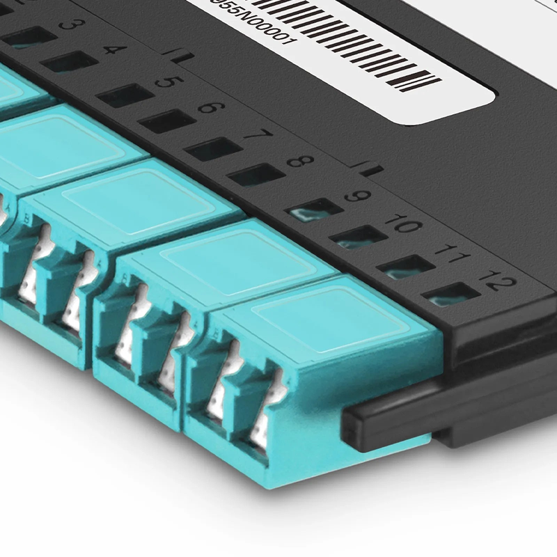 SFPS FHXA MTP®-LC Cassette, OM4 Multimode, Type AF, 12 Fibers, MTP®-12 (Male) to 6 x Shuttered LC Duplex (Aqua), 0.35dB Max.