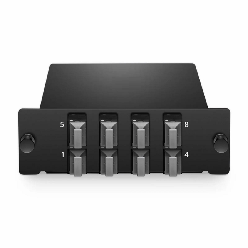SFPS FHD MTP® Splice Cassette with Ribbon Pigtails, 96 Fibers OM4 Multimode, 8 x MTP®-12 UPC (Male) Key Up to Key Down (Black) Adapter, 0.35dB Max.