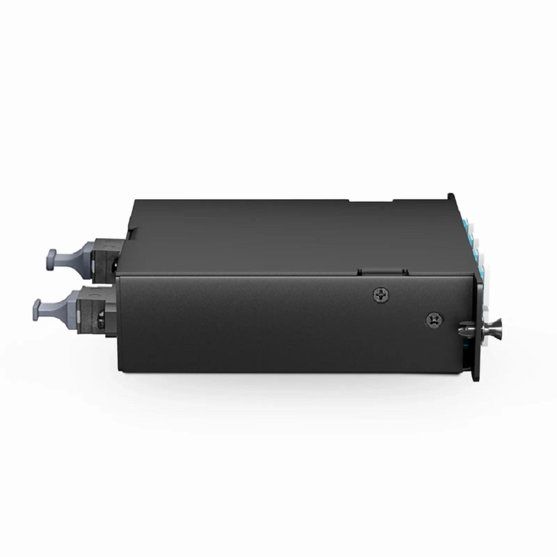 SFPS FHDA MTP®-LC Cassette, OM4 Multimode, Universal, 16 Fibers, 2 x MTP®-8 (Male) to 8 x LC Duplex (Aqua), 0.35dB Max.