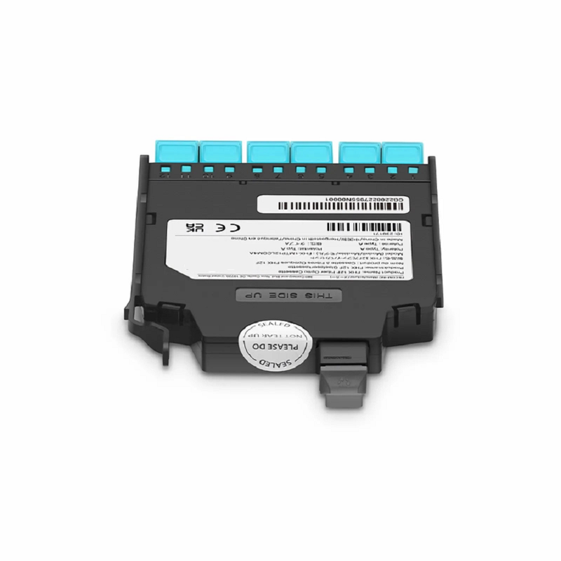SFPS FHXA MTP®-LC Cassette, OM4 Multimode, Type A, 12 Fibers, MTP®-12 (Male) to 6 x Shuttered LC Duplex (Aqua), 0.35dB Max.