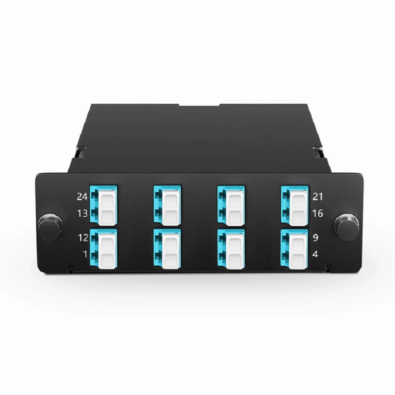 SFPS FHDA MTP®-LC Cassette, OM4 Multimode, Universal, 16 Fibers, 2 x MTP®-8 (Male) to 8 x LC Duplex (Aqua), 0.35dB Max.
