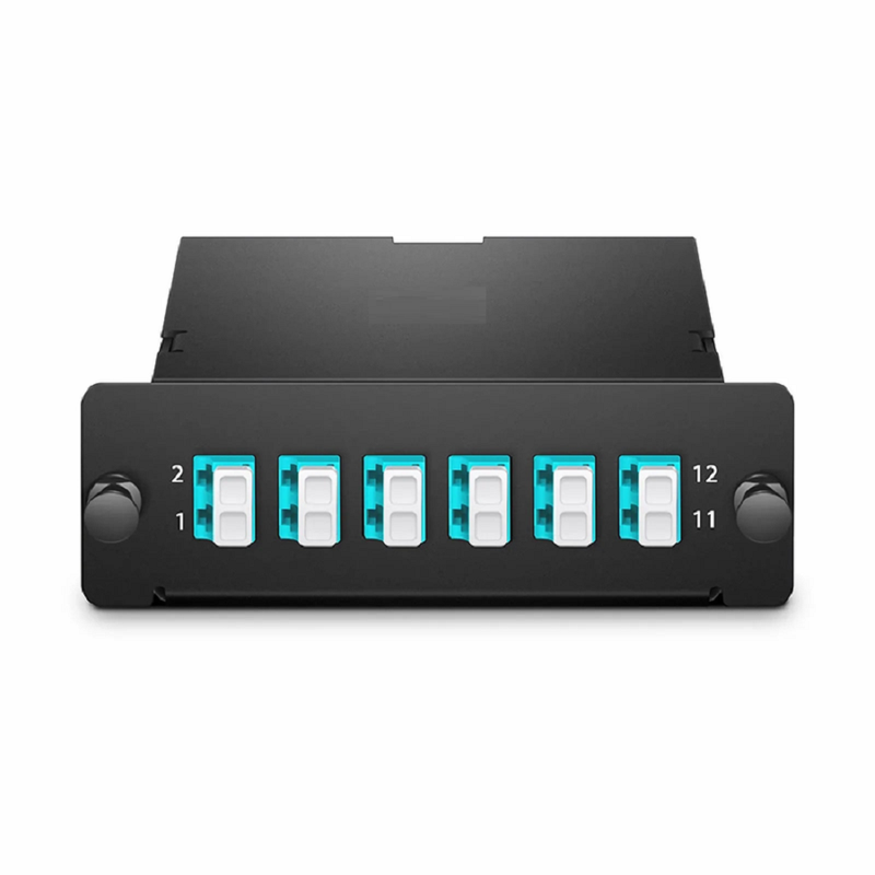 SFPS FHDA MTP®-LC Cassette, OM4 Multimode, Universal, 12 Fibers, MTP®-12 (Male) to 6 x LC Duplex (Aqua), 0.35dB Max.