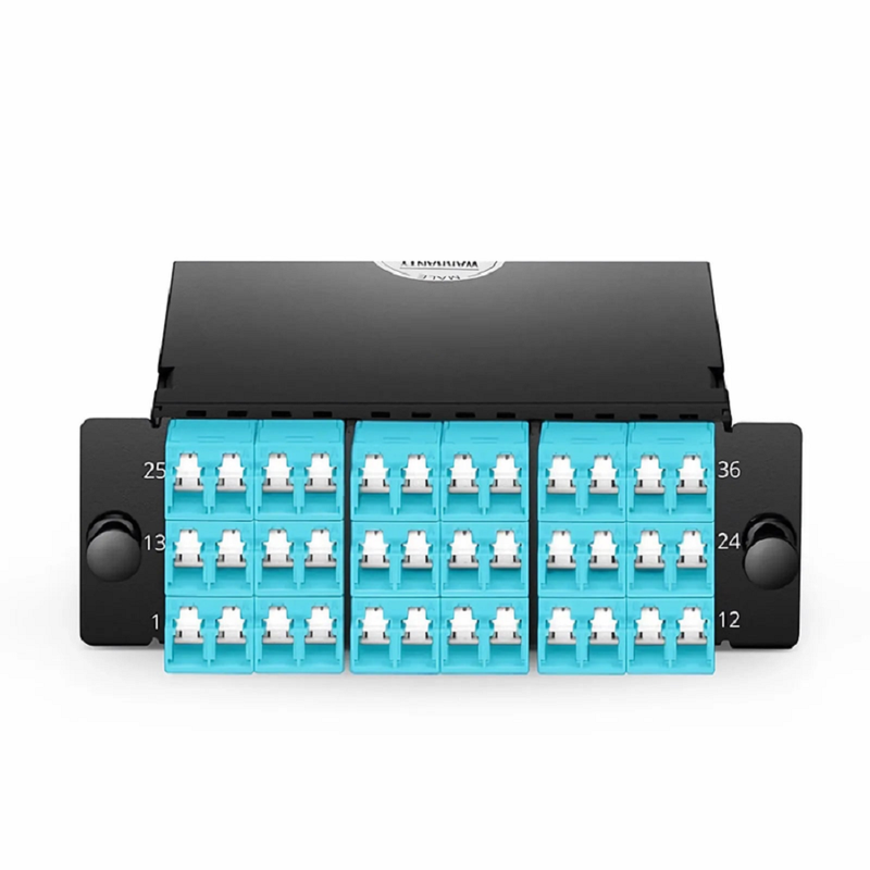 SFPS FHDA MTP®-LC Cassette, OM4 Multimode, Type A, 36 Fibers, 3 x MTP®-12 (Male) to 18 x Shuttered LC Duplex (Aqua), 0.35dB Max.