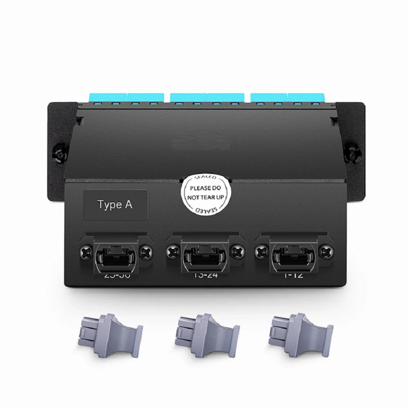 SFPS FHDA MTP®-LC Cassette, OM4 Multimode, Type A, 36 Fibers, 3 x MTP®-12 (Male) to 18 x Shuttered LC Duplex (Aqua), 0.35dB Max.