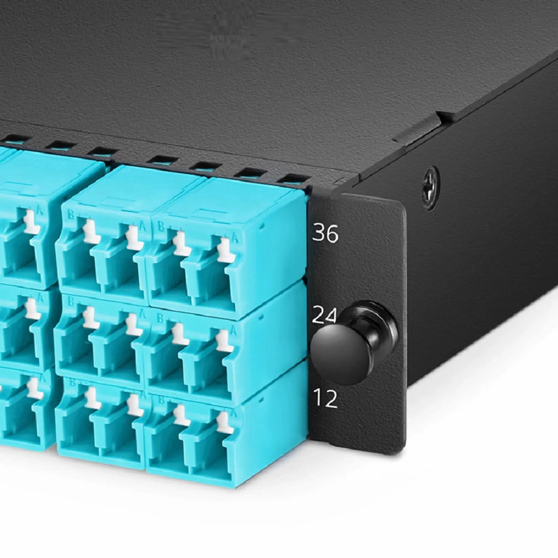 SFPS FHDA MTP®-LC Cassette, OM4 Multimode, Type A, 36 Fibers, 3 x MTP®-12 (Male) to 18 x Shuttered LC Duplex (Aqua), 0.35dB Max.
