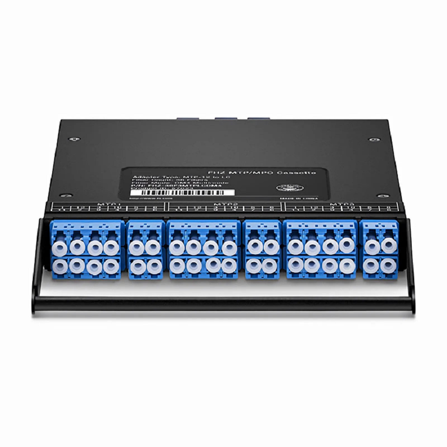 SFPS FHZA MTP®-LC Cassette, OS2 Singlemode, Universal, 36 Fibers, 3 x MTP®-12 (Male) to 6 x LC Duplex and 6 x LC Quad (Blue), 0.35dB Max.