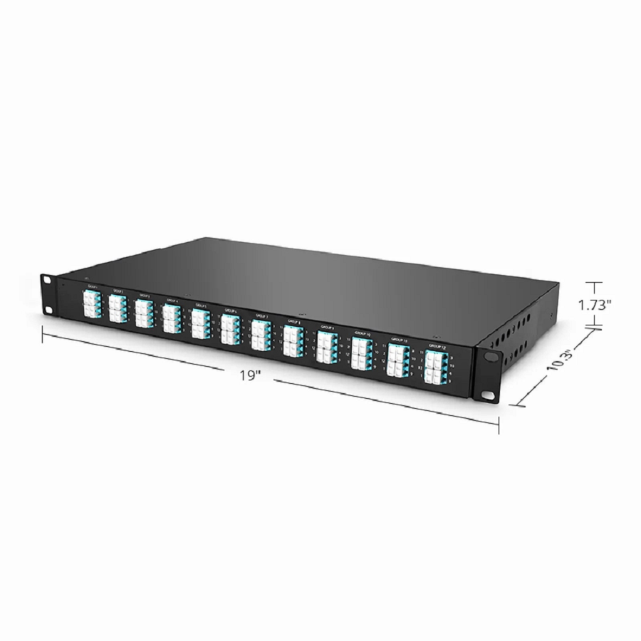 SFPS FHUA 1U MTP®-LC Cassette, OM4 Multimode, Universal, 96 Fibers, 12 x MTP®-8 (Male) to 24 x LC Quad (Aqua), 0.35dB Max.