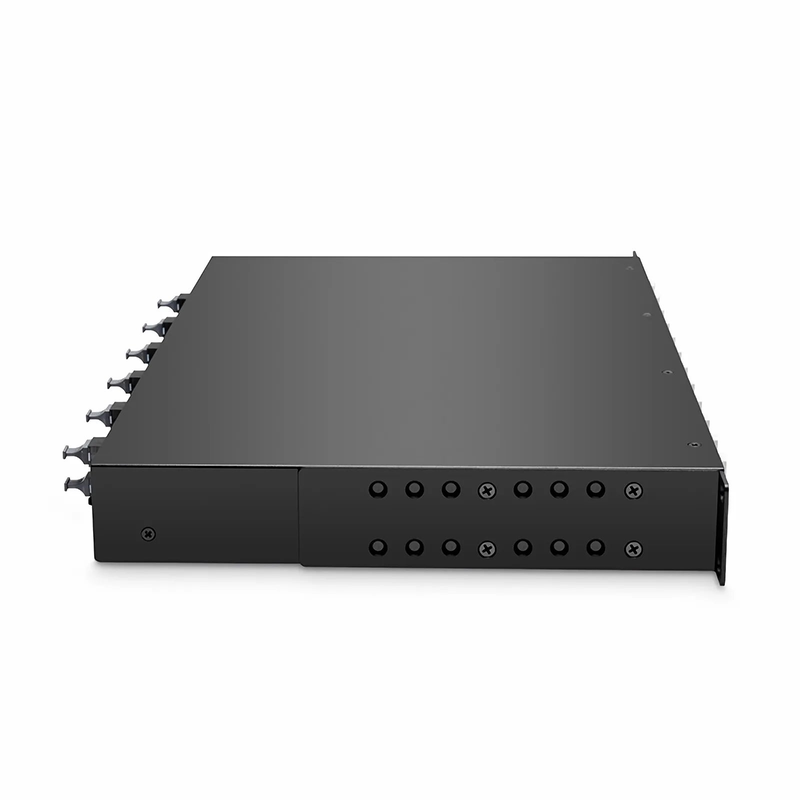 SFPS FHUA 1U MTP®-LC Cassette, OM4 Multimode, Universal, 96 Fibers, 12 x MTP®-8 (Male) to 24 x LC Quad (Aqua), 0.35dB Max.