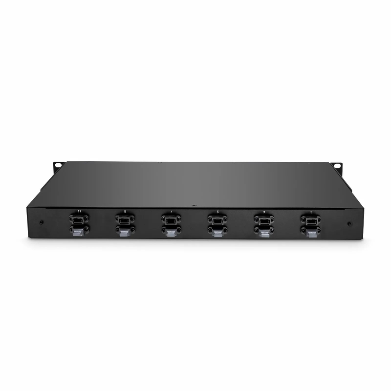SFPS FHUA 1U MTP®-LC Cassette, OM4 Multimode, Universal, 96 Fibers, 12 x MTP®-8 (Male) to 24 x LC Quad (Aqua), 0.35dB Max.