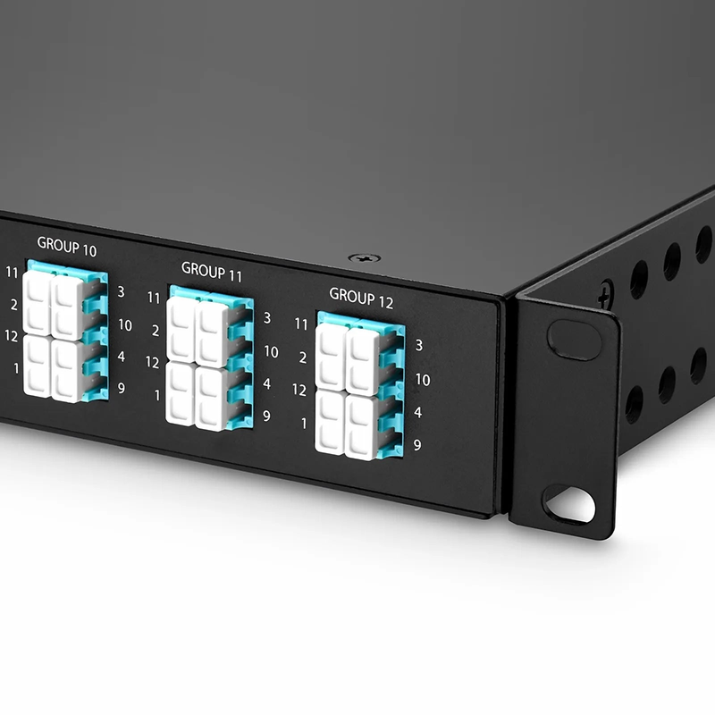 SFPS FHUA 1U MTP®-LC Cassette, OM4 Multimode, Universal, 96 Fibers, 12 x MTP®-8 (Male) to 24 x LC Quad (Aqua), 0.35dB Max.