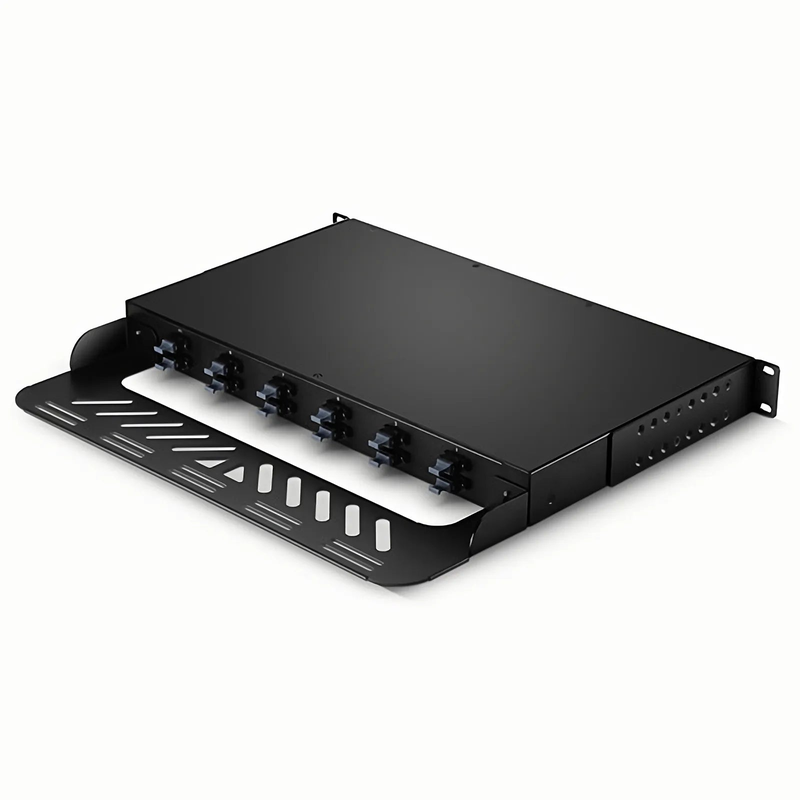 SFPS FHUA 1U MTP®-LC Cassette, OM4 Multimode, Universal, 96 Fibers, 12 x MTP®-8 (Male) to 24 x LC Quad (Aqua), 0.35dB Max.