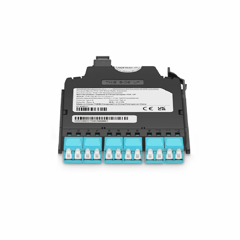 SFPS FHXA MTP®-LC Cassette, OM4 Multimode, Type A, 12 Fibers, MTP®-12 (Male) to 6 x Shuttered LC Duplex (Aqua), 0.35dB Max.