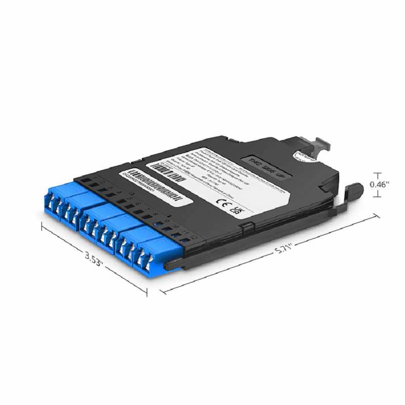 SFPS FHXA MTP®-LC Cassette, OM4 Multimode, Type A, 12 Fibers, MTP®-12 (Male) to 6 x Shuttered LC Duplex (Aqua), 0.35dB Max.