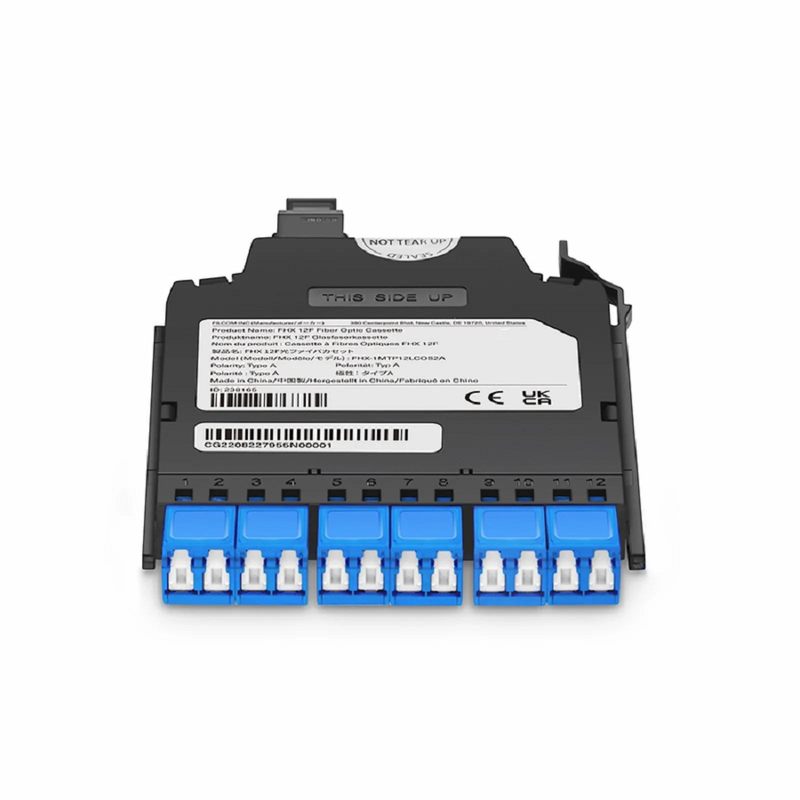 SFPS FHXA MTP®-LC Cassette, OS2 Single Mode, Universal, 12 Fibers, MTP®-12 (Male) to 6 x Shuttered LC Duplex (Blue), 0.35dB Max.