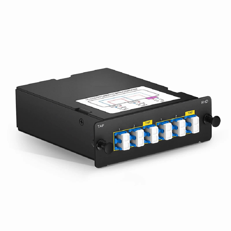 SFPS FHDA LC TAP Cassette, OS2 Single Mode, 8 x LC Duplex Live Ports, 4 x LC Duplex TAP Ports, 50/50 Split Ratio (Live/TAP), 1/10/40/100G