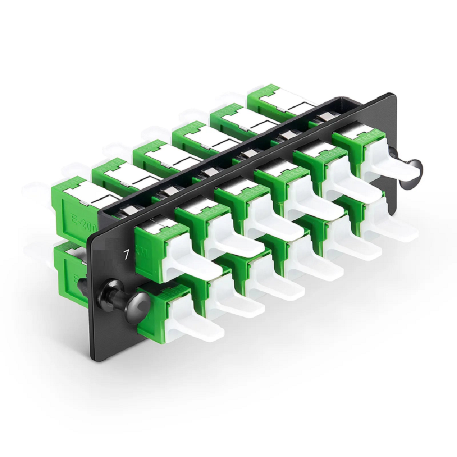 SFPS FHDA Adapter Panel, 12 Fibers OS2 Single Mode, 12 x LSH APC Simplex (Green) Adapter, Ceramic Sleeve