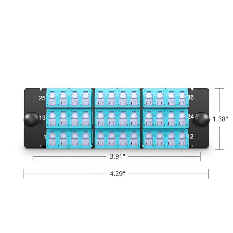 SFPS FHDA Fiber Adapter Panel, 36 Fibers OS2 Single Mode, 18 x Shuttered LC UPC Duplex (Blue) Adapter, Ceramic Sleeve