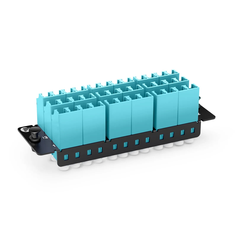 SFPS FHDA Fiber Adapter Panel, 36 Fibers OM4 Multimode, 18 x Shuttered LC UPC Duplex (Aqua) Adapter, Ceramic Sleeve