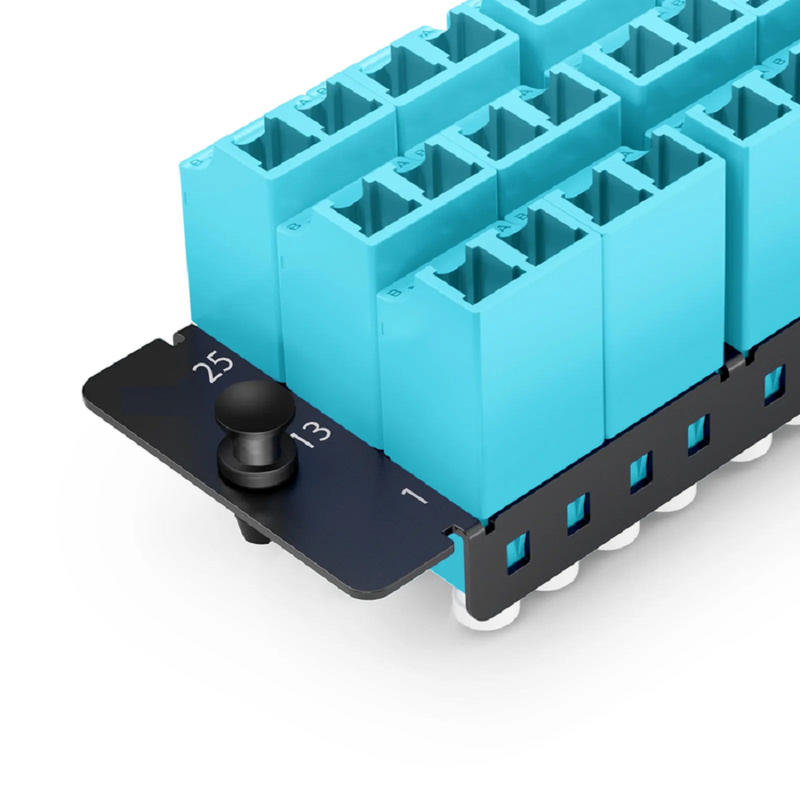 SFPS FHDA Fiber Adapter Panel, 36 Fibers OM4 Multimode, 18 x Shuttered LC UPC Duplex (Aqua) Adapter, Ceramic Sleeve