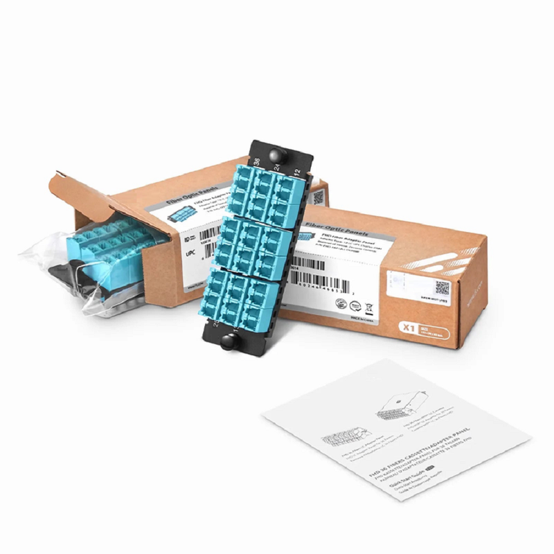 SFPS FHDA Fiber Adapter Panel, 36 Fibers OM4 Multimode, 18 x Shuttered LC UPC Duplex (Aqua) Adapter, Ceramic Sleeve