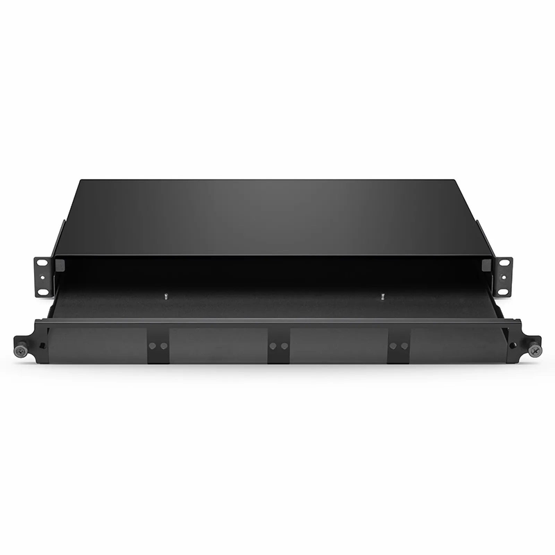 SFPS FHDA High Density 1U Rack Mount Enclosure Unloaded, Sliding and Tilt-down Drawer, Holds up to 4 x FHDA Cassettes, Panels, or Splice Trays, 144 Fibers (LC)