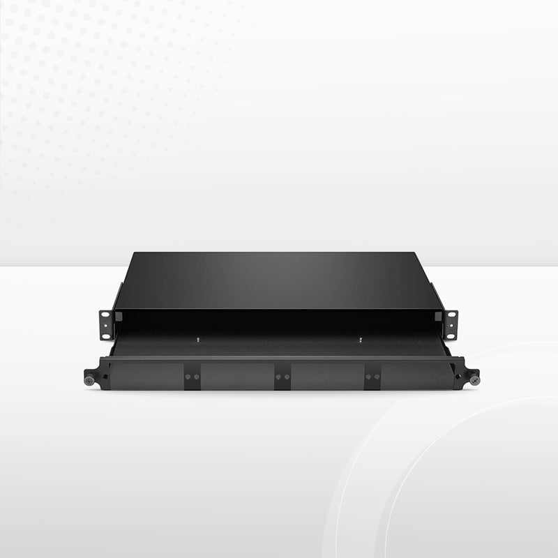 SFPS FHDA High Density 1U Rack Mount Enclosure Unloaded, Sliding and Tilt-down Drawer, Holds up to 4 x FHDA Cassettes, Panels, or Splice Trays, 144 Fibers (LC)