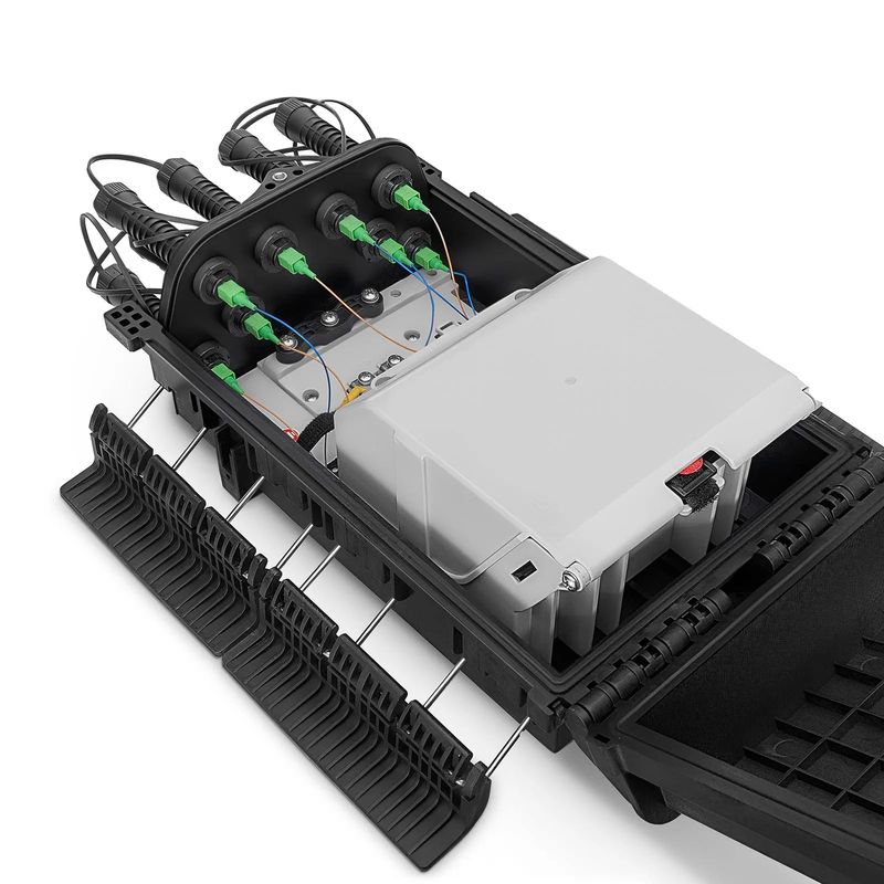 SFPS Universal Pre-Terminated Hub Box for Quick ODN, 1 Uncut Port, 8 SC/APC Adapters, Mechanical Seal, Supports 1:2/1:4/1:8 Mini Splitters, PP+GF, IP65, Wall/Pole/Aerial Mount, Indoor/Outdoor