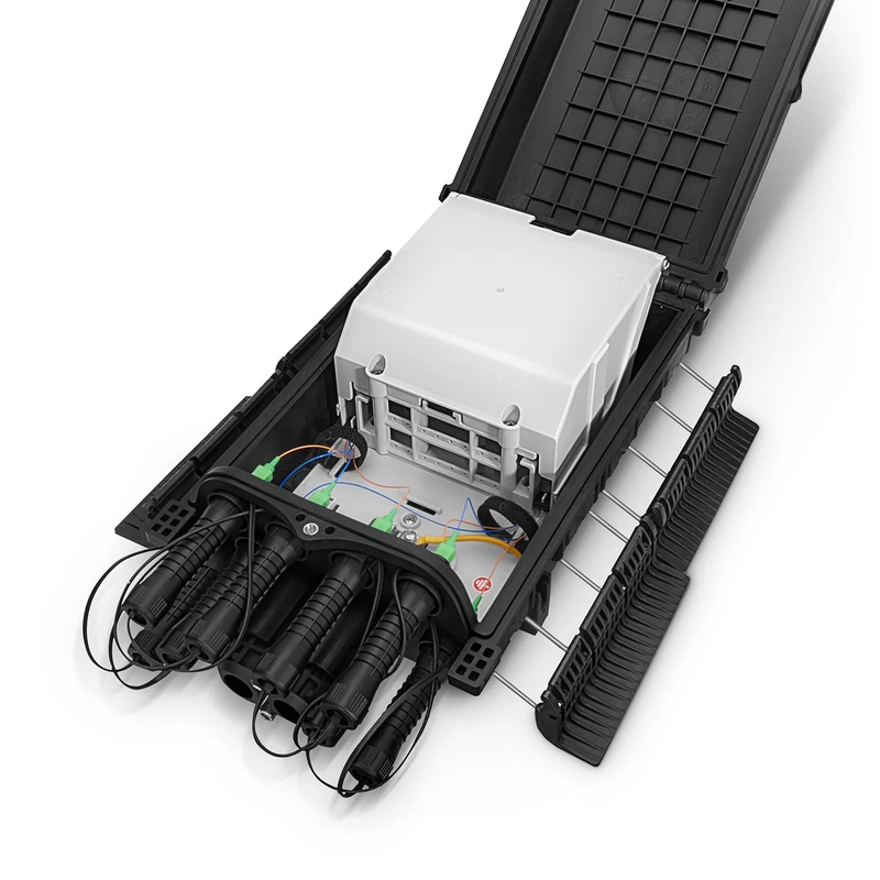 SFPS Universal Pre-Terminated Hub Box for Quick ODN, 1 Uncut Port, 8 SC/APC Adapters, Mechanical Seal, Supports 1:2/1:4/1:8 Mini Splitters, PP+GF, IP65, Wall/Pole/Aerial Mount, Indoor/Outdoor