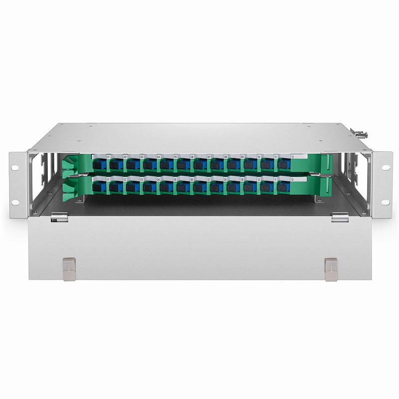 SFPS 2U Rack Mount Fiber Optic Distribution Panel, 24 Fibers OS2 Single Mode, 24 x SC UPC Simplex (Blue) Adapter