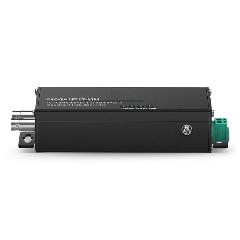 SFPS Mini Industrial 1x 10/100/1000Base-T RJ45 to 1x 1000Base-X Multimode ST 850nm 550m Gigabit Ethernet Media Converter, American Plug Standard