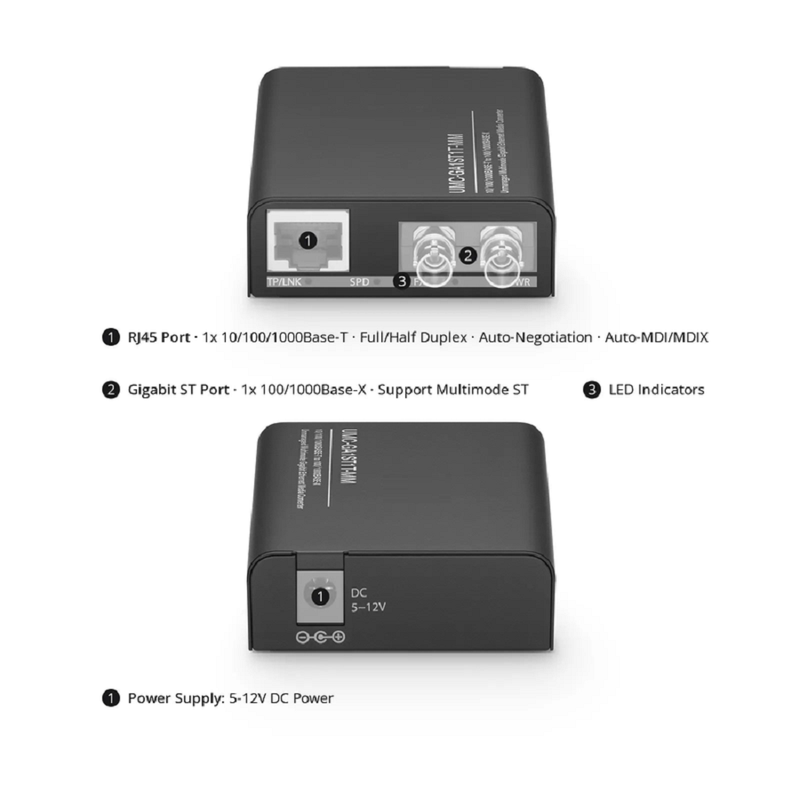 SFPS Mini Unmanaged 1x 10/100/1000Base-T RJ45 to 1x 100/1000Base-X Multimode ST 850nm 220/550m Gigabit Ethernet Media Converter, American Plug Standard