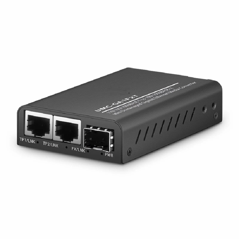 SFPS Mini Unmanaged 2x 10/100/1000Base-T RJ45 to 1x 1000Base-X SFP Gigabit Ethernet Media Converter, British Plug Standard