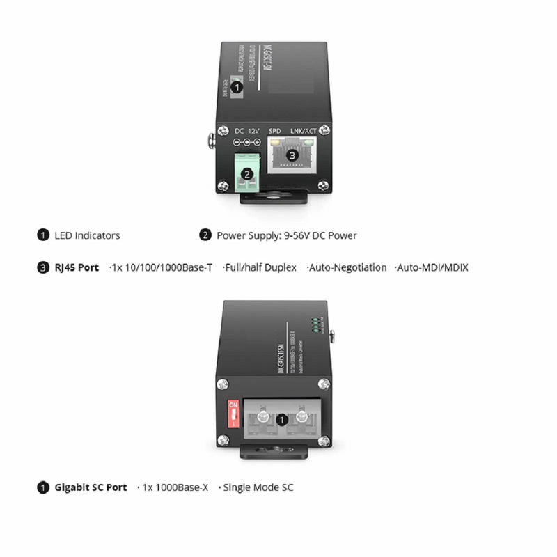 SFPS Mini Industrial 1x 10/100/1000Base-T RJ45 to 1x 1000Base-X Multimode SC 850nm 220/550m Gigabit Ethernet Media Converter, American Plug Standard