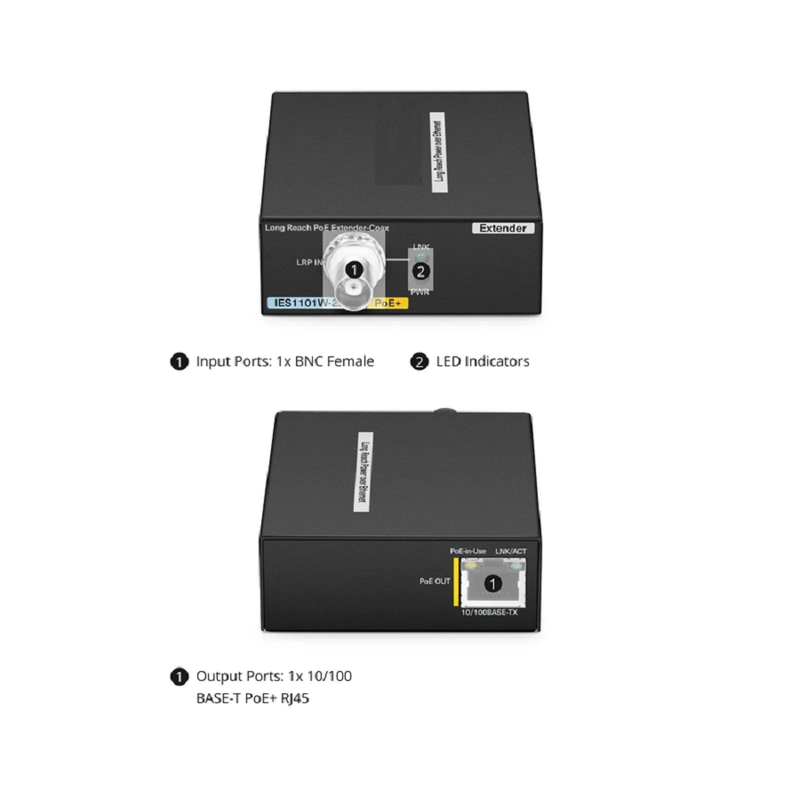 SFPS IES1101W-2PD, 1-Port 10/100M Fast Ethernet Long Reach PoE over Coaxial Extender, 1 x BNC Female Input to 1 x PoE+ Output, -20 to 70A°C Operating Temperature