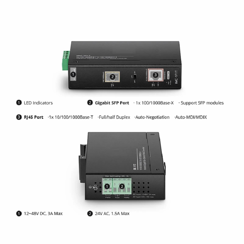 SFPS Industrial Unmanaged 1x 10/100/1000Base-T RJ45 to 1x 100/1000Base-X SFP Gigabit PoE+ Ethernet Media Converter