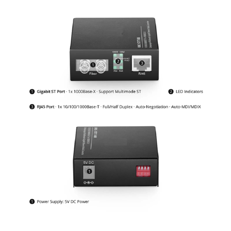 SFPS Unmanaged 1x 10/100/1000Base-T RJ45 to 1x 1000Base-X Multimode ST 850nm 220/550m Gigabit Ethernet Media Converter, American Plug Standard