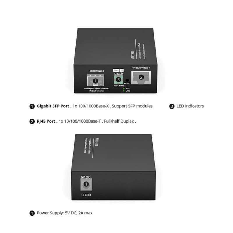 SFPS Managed 1x 10/100/1000Base-T RJ45 to 1x 100/1000Base-X SFP Gigabit Ethernet Media Converter, American Plug Standard