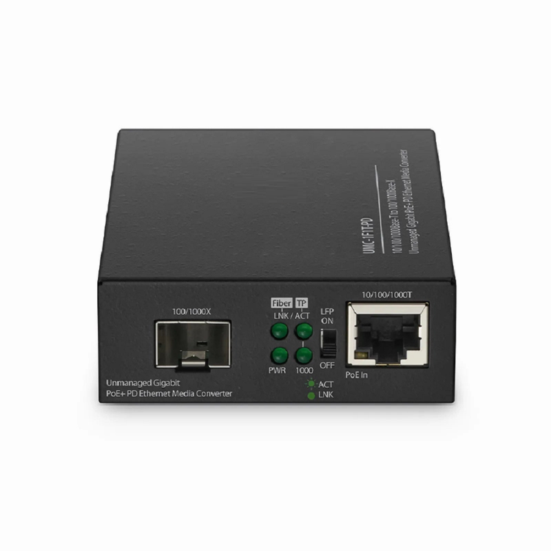 SFPS Unmanaged 1x 10/100/1000Base-T RJ45 to 1x 100/1000Base-X SFP Gigabit Ethernet PoE+ PD Media Converter